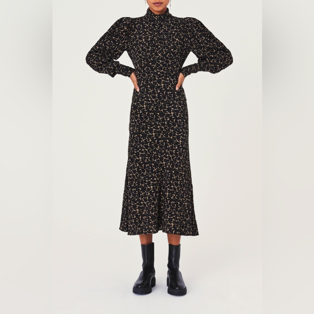 Ba&sh Emilie Bleunuit Black Print Turtleneck Long Sleeve Midi Dress